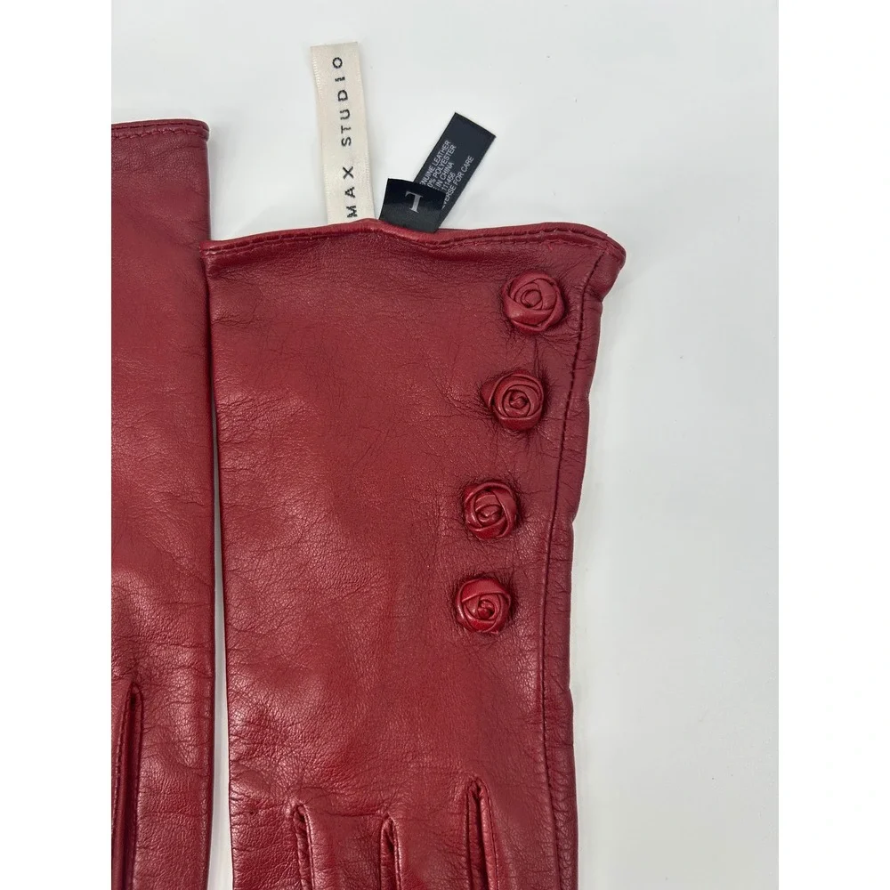 Max Studio Womens Red Genuine Leather Rosette Floral Accent Gloves Size L